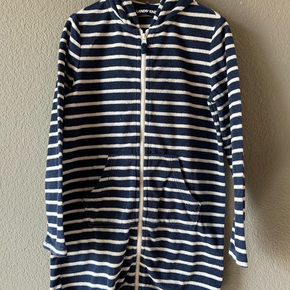 Lands’ End Breton Navy Stripe French Terry Swim Cover-Up | GIRLS' SIZE M (5/6)